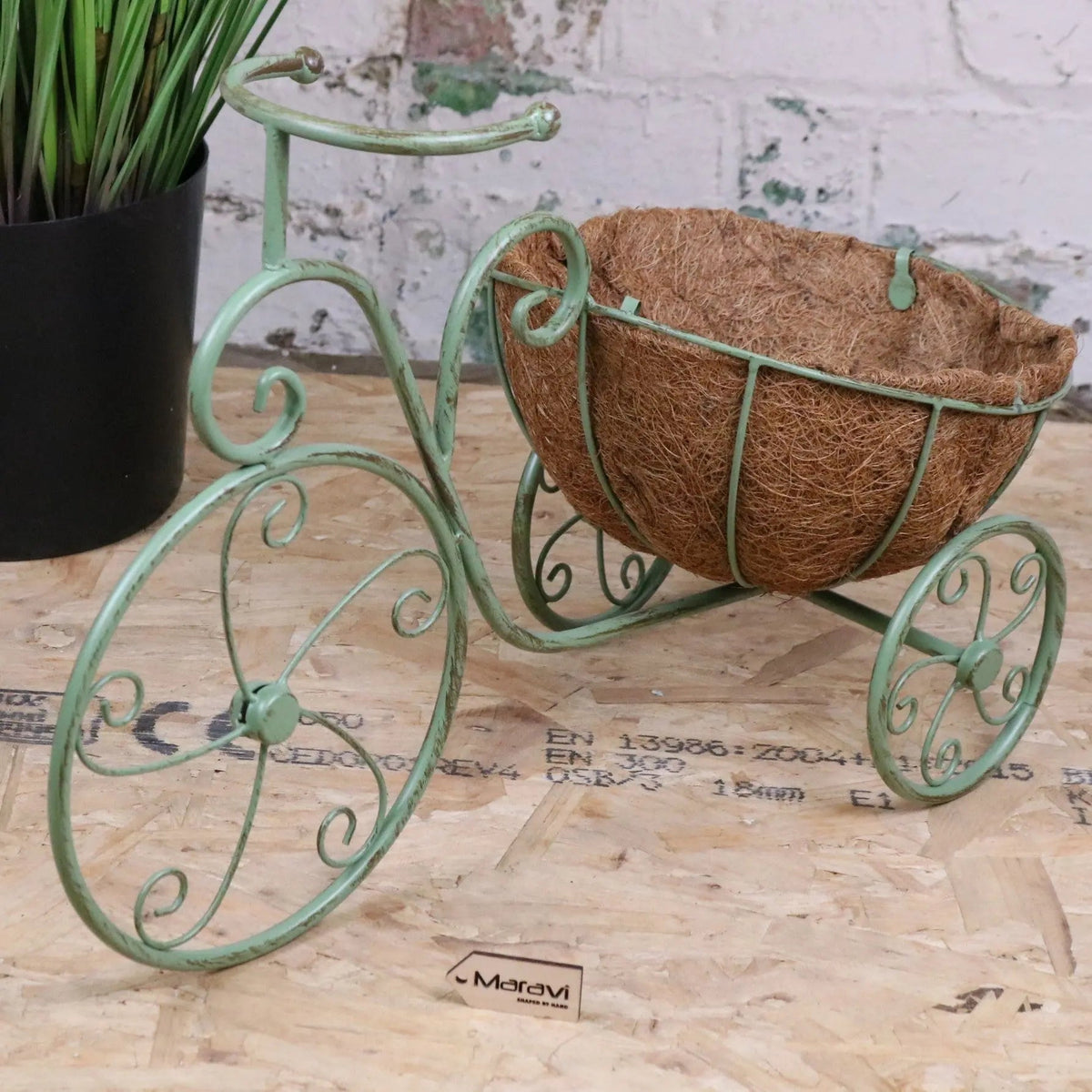 Vintage Green Metal Bicycle Garden Planter with Coir Liner