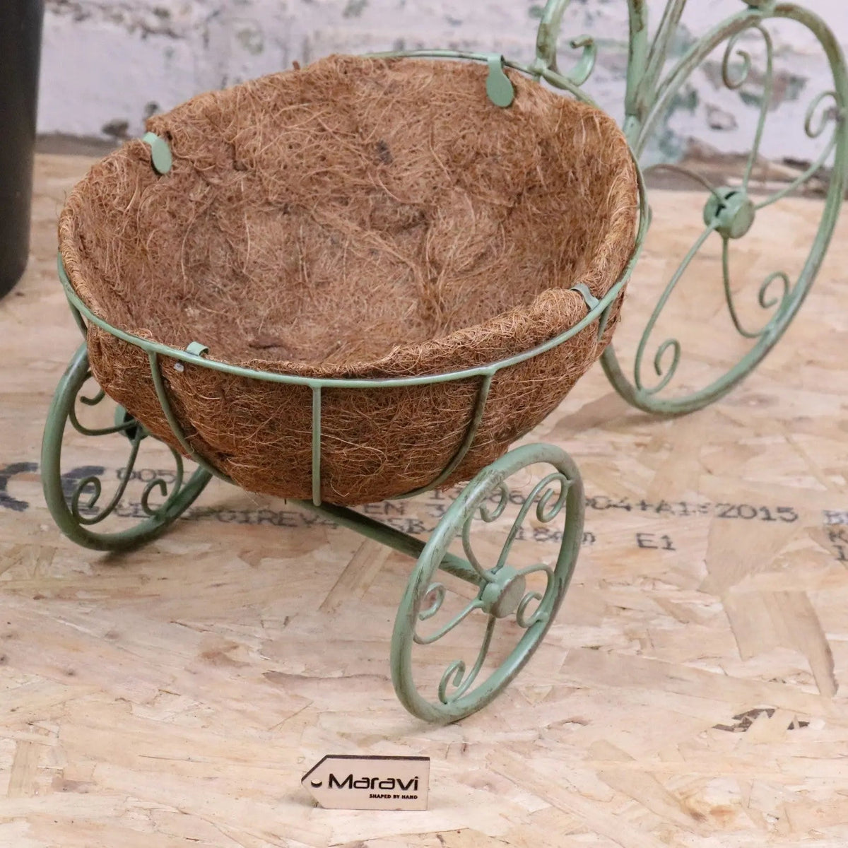 Vintage Green Metal Bicycle Garden Planter with Coir Liner
