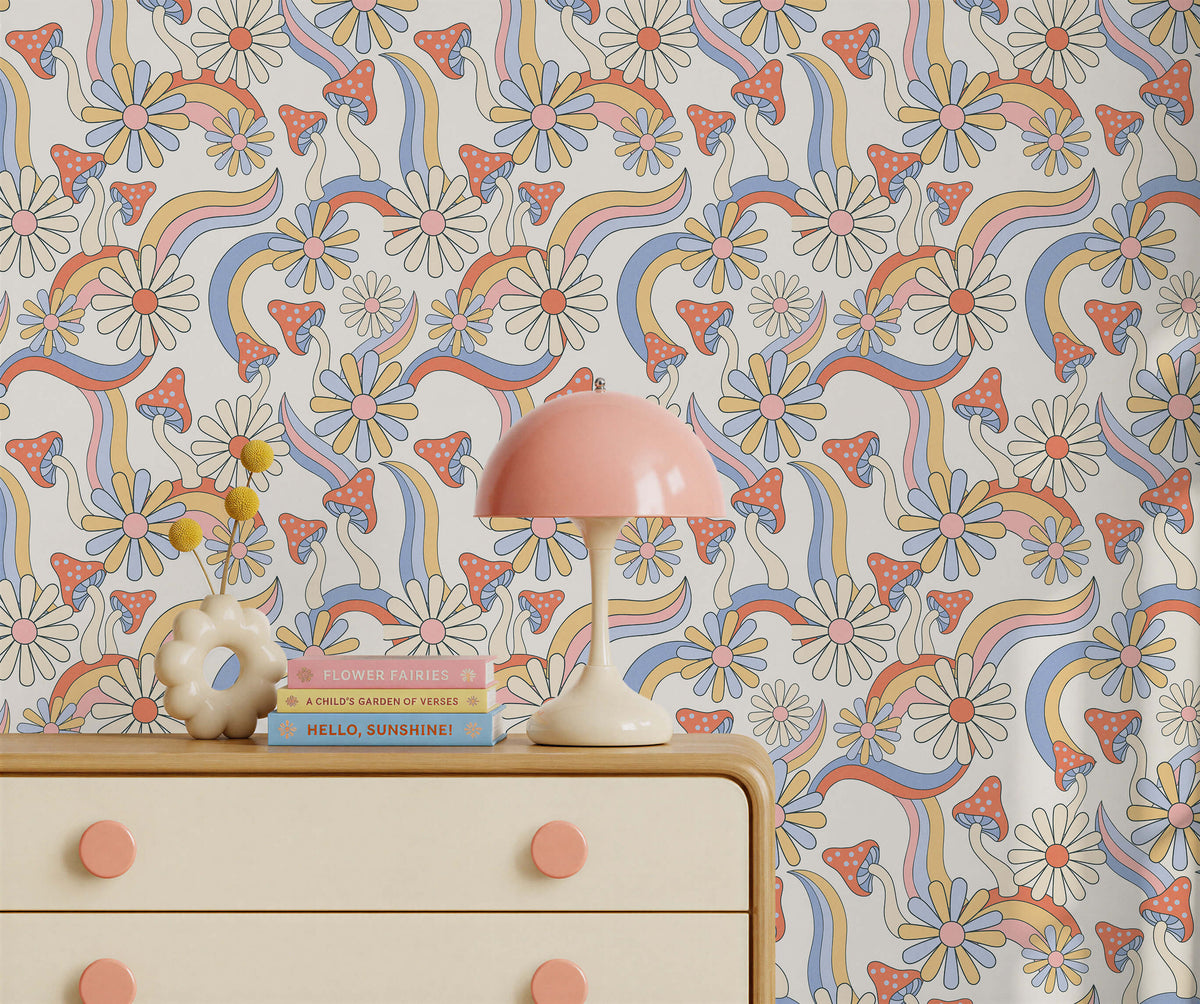 Bobbi Beck Boogie Retro Mushroom and Rainbow Wallpaper