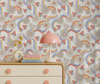 Bobbi Beck Boogie Retro Mushroom and Rainbow Wallpaper