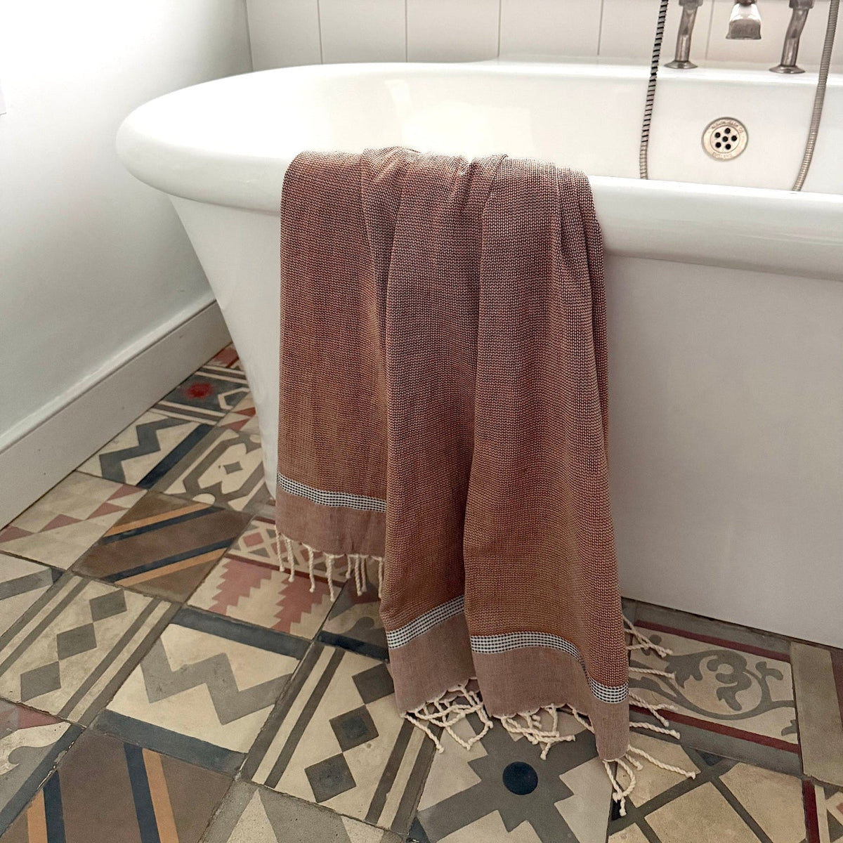 Dormitory Cassis Cinnamon & Black Fringed Cotton Fouta Towel, Hand & Bath Sizes