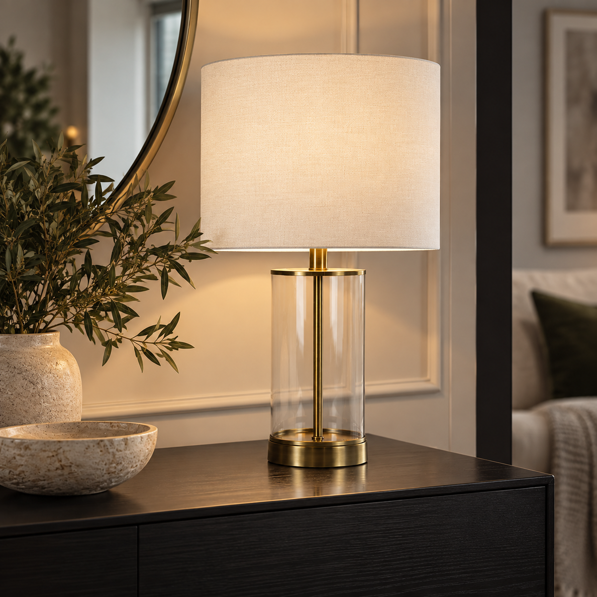 Pagazzi Adelia Small Glass Table Lamp Antique Brass with Ivory Shade 50 cm