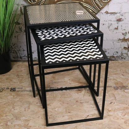 Chinta Black Metal Nesting Side Tables, Geometric Resin Tops, Set of 3