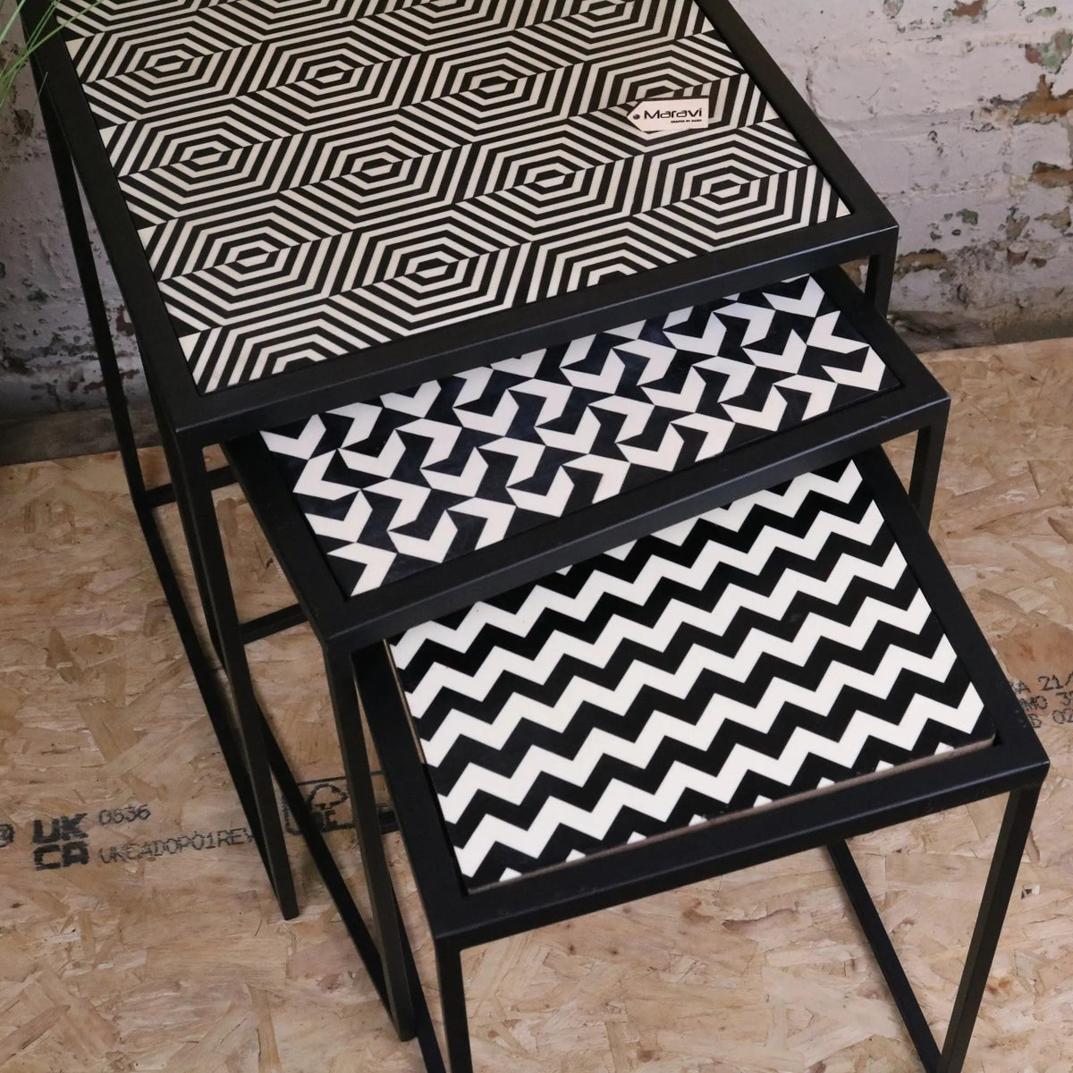 Chinta Black Metal Nesting Side Tables, Geometric Resin Tops, Set of 3