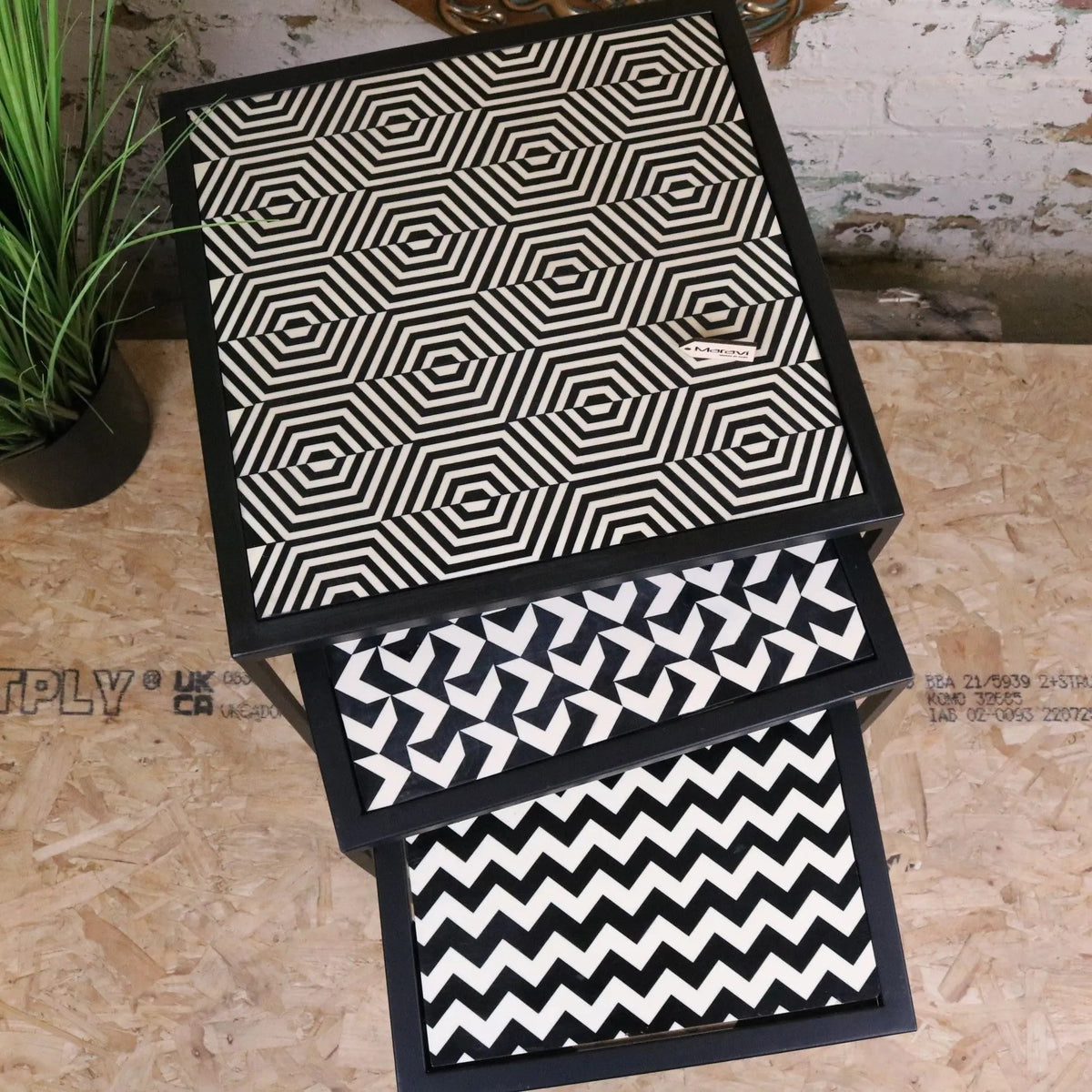 Chinta Black Metal Nesting Side Tables, Geometric Resin Tops, Set of 3