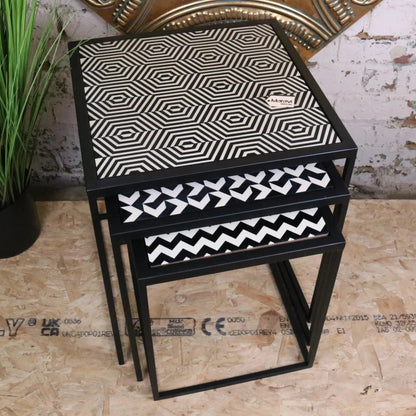 Chinta Black Metal Nesting Side Tables, Geometric Resin Tops, Set of 3
