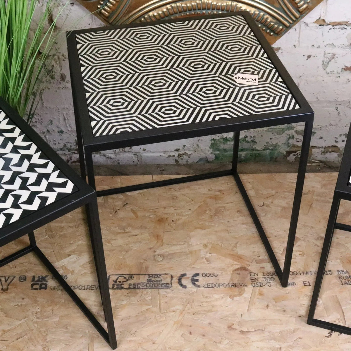 Chinta Black Metal Nesting Side Tables, Geometric Resin Tops, Set of 3