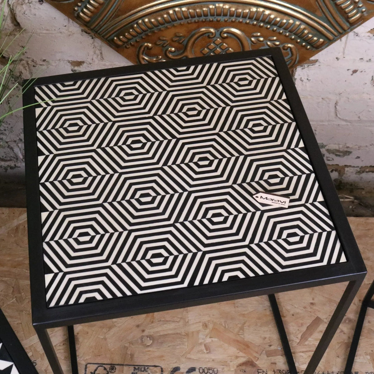 Chinta Black Metal Nesting Side Tables, Geometric Resin Tops, Set of 3