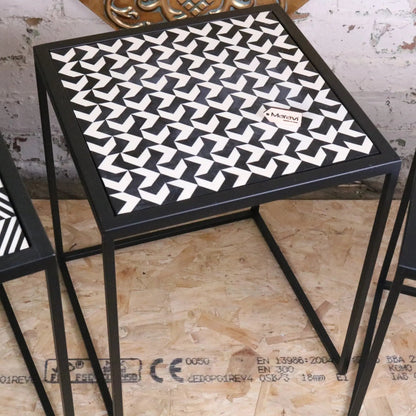 Chinta Black Metal Nesting Side Tables, Geometric Resin Tops, Set of 3