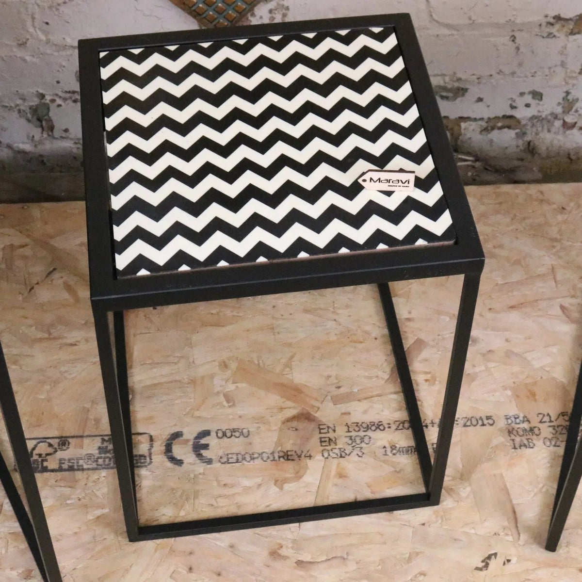 Chinta Black Metal Nesting Side Tables, Geometric Resin Tops, Set of 3
