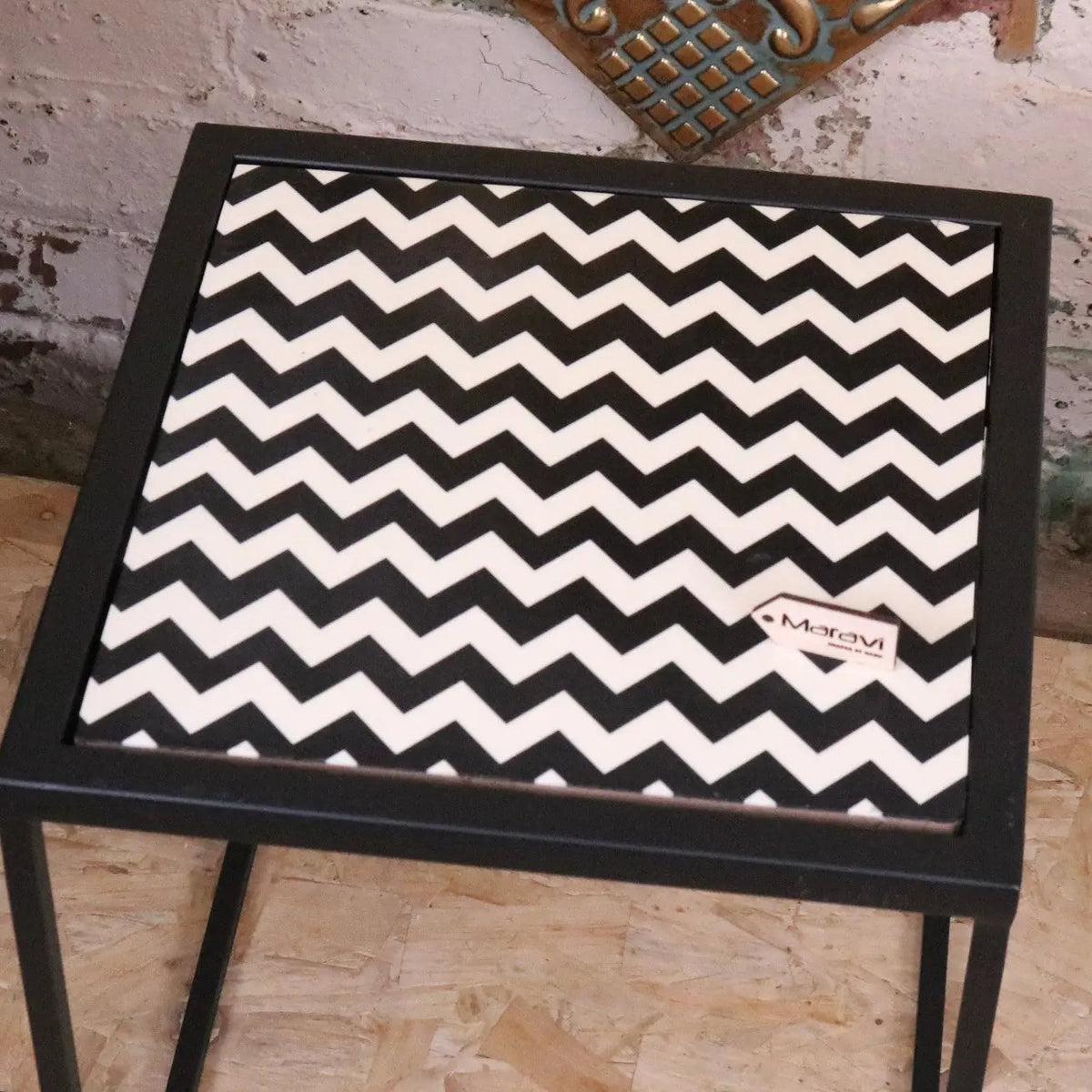 Chinta Black Metal Nesting Side Tables, Geometric Resin Tops, Set of 3
