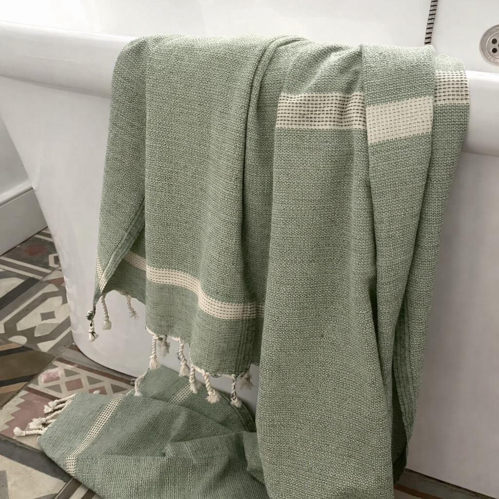 Dormitory Cassis Sage Fringed Cotton Fouta Towel, Hand & Bath Sizes