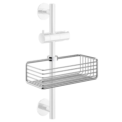 Smedbo Sideline DK1106 Polished Chrome Basket Clipped onto White Matte Shower Riser Rail — Shown with Wall Rosettes and Handset Holder Bracket in Context