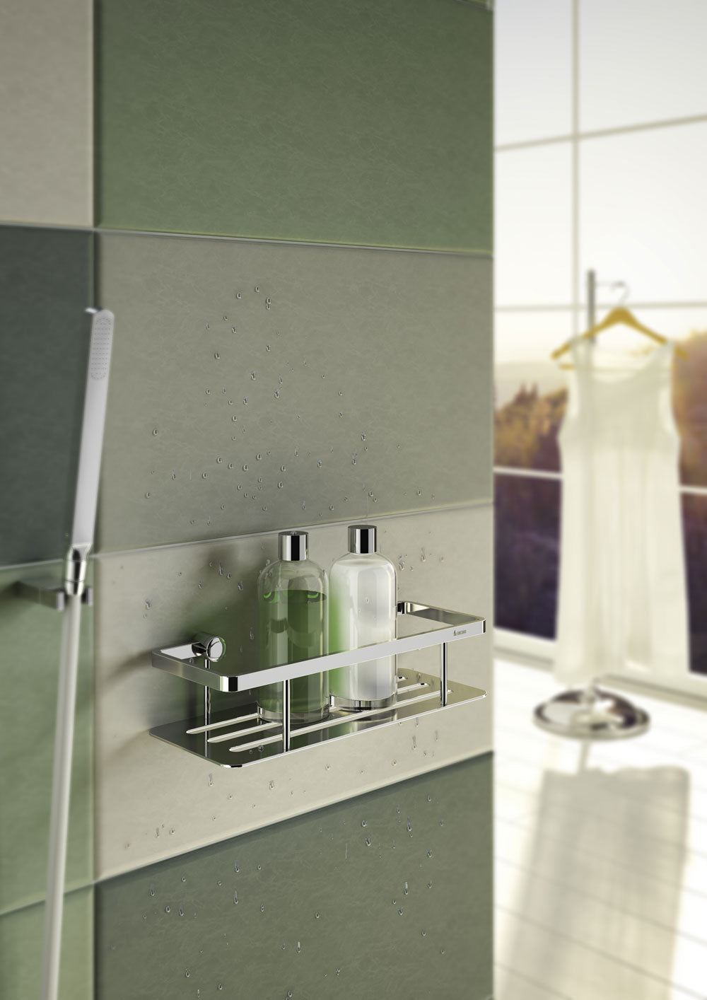 Smedbo Sideline DK3001 Polished Chrome Shower Basket in Use — Mounted on Sage Green Tiles with Water Droplets, Holding Shower Products in Active Shower Environment