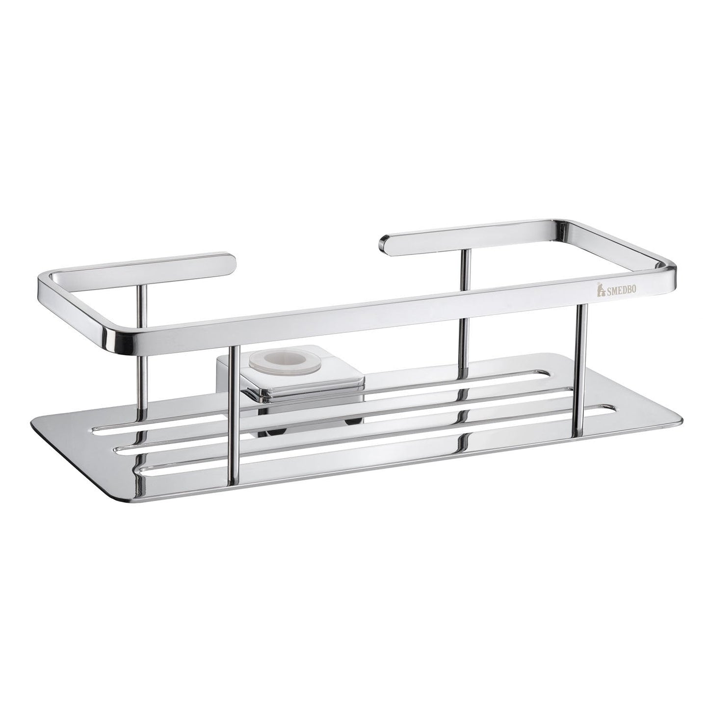 Smedbo Sideline DK3006 Shower Riser Rail Basket — Polished Chrome Solid Perforated Tray with Square-Section Bar Frame and Rail Clip Mount, 250 mm Wide