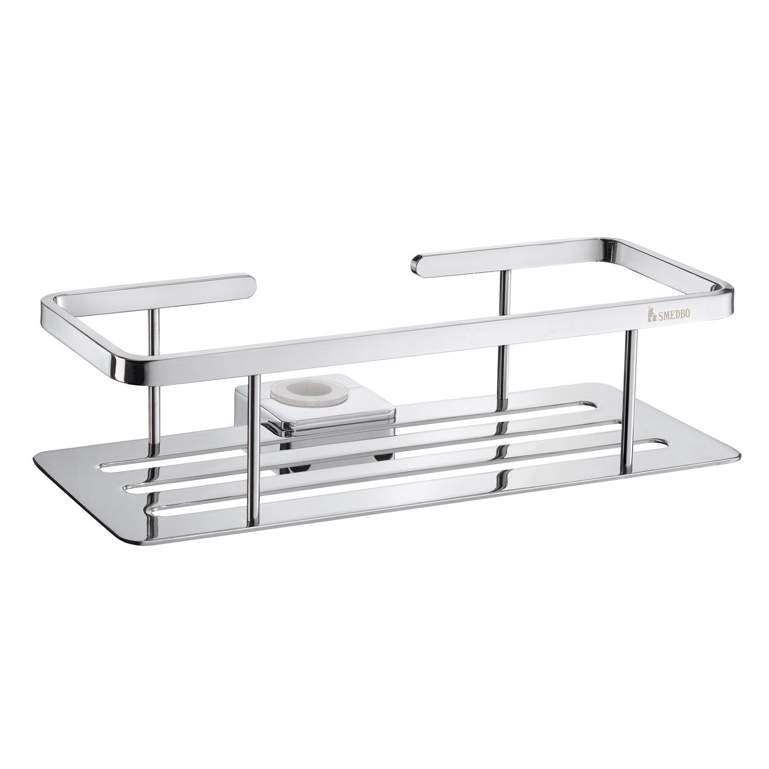 Smedbo Sideline DK3006 Shower Riser Rail Basket — Polished Chrome Solid Perforated Tray with Square-Section Bar Frame and Rail Clip Mount, 250 mm Wide