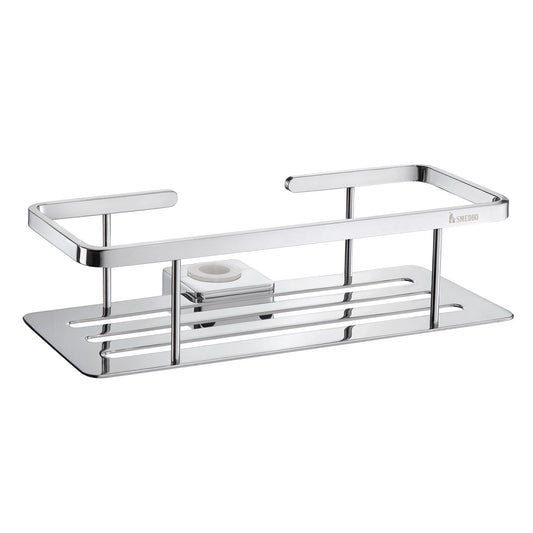 Smedbo Sideline DK3006 Shower Riser Rail Basket — Polished Chrome Solid Perforated Tray with Square-Section Bar Frame and Rail Clip Mount, 250 mm Wide