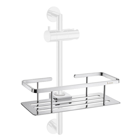Smedbo Sideline DK3006 Polished Chrome Solid Tray Basket Clipped onto Shower Riser Rail — Shown in Context with Wall Rosettes and Handset Holder Bracket