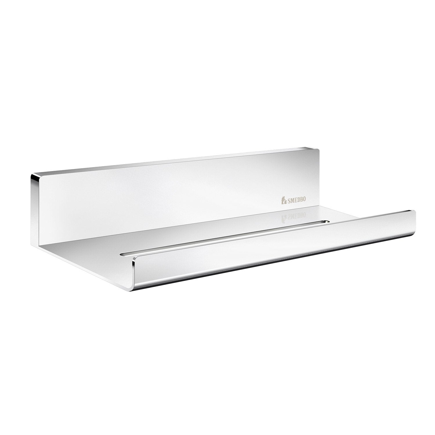 Smedbo Sideline DK5001 Polished Stainless Steel Shower Shelf — Solid Flat Surface with Tall Back Panel, Rounded Front Lip and Drainage Slot, 250 mm Wide