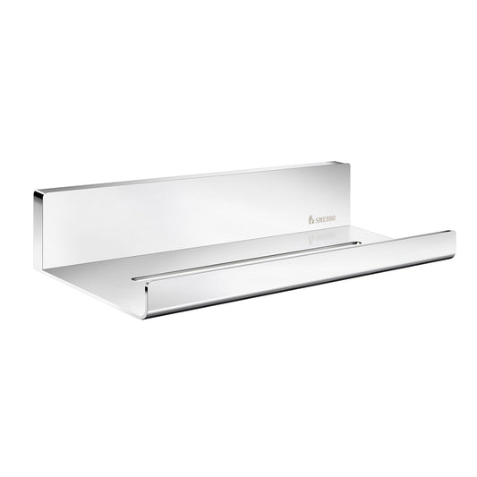 Smedbo Sideline DK5001 Polished Stainless Steel Shower Shelf — Solid Flat Surface with Tall Back Panel, Rounded Front Lip and Drainage Slot, 250 mm Wide
