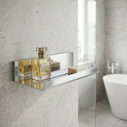 Smedbo Sideline DK5001 Polished Stainless Steel Shower Shelf on Limestone Wall Tiles — Styled with Chêne & Pierre Perfume Bottle and Natural Soap Bar, Freestanding Bath in Background