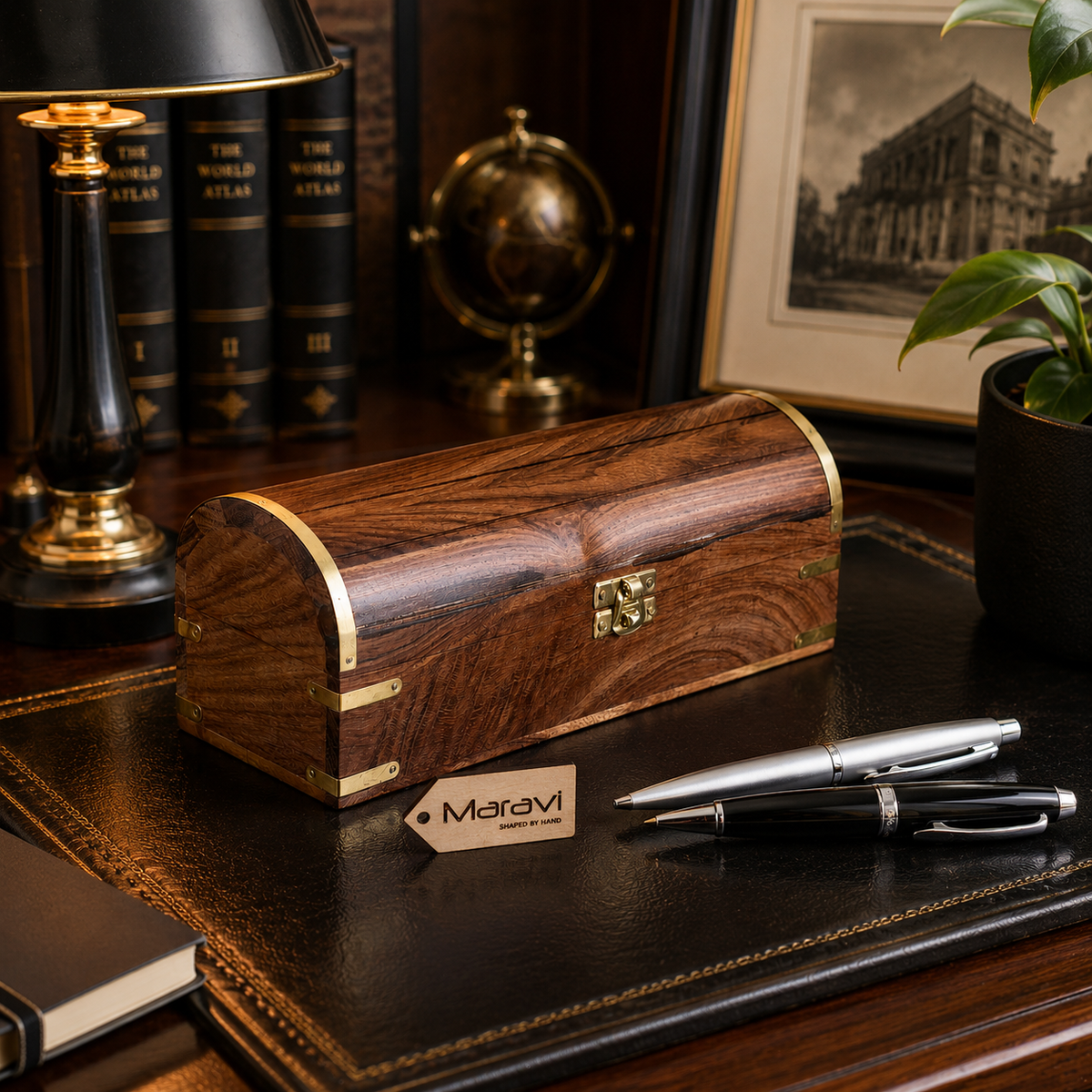 Dala Sheesham Wood Chest Pen Box with Brass Detail and Secret Compartment