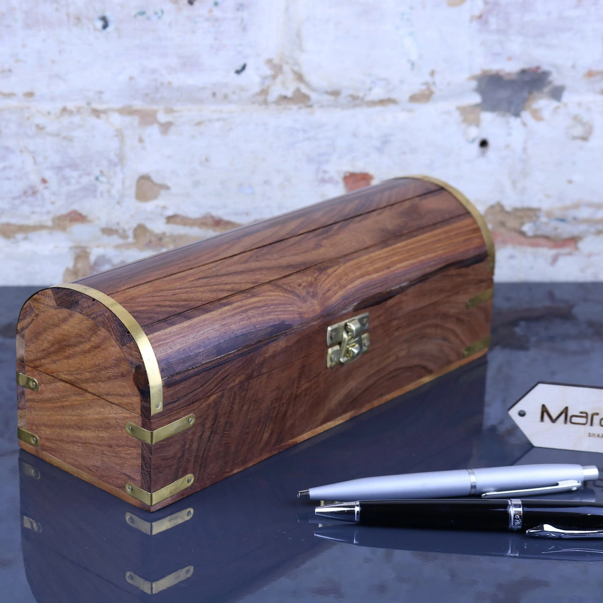 Dala Sheesham Wood Chest Pen Box with Brass Detail and Secret Compartment