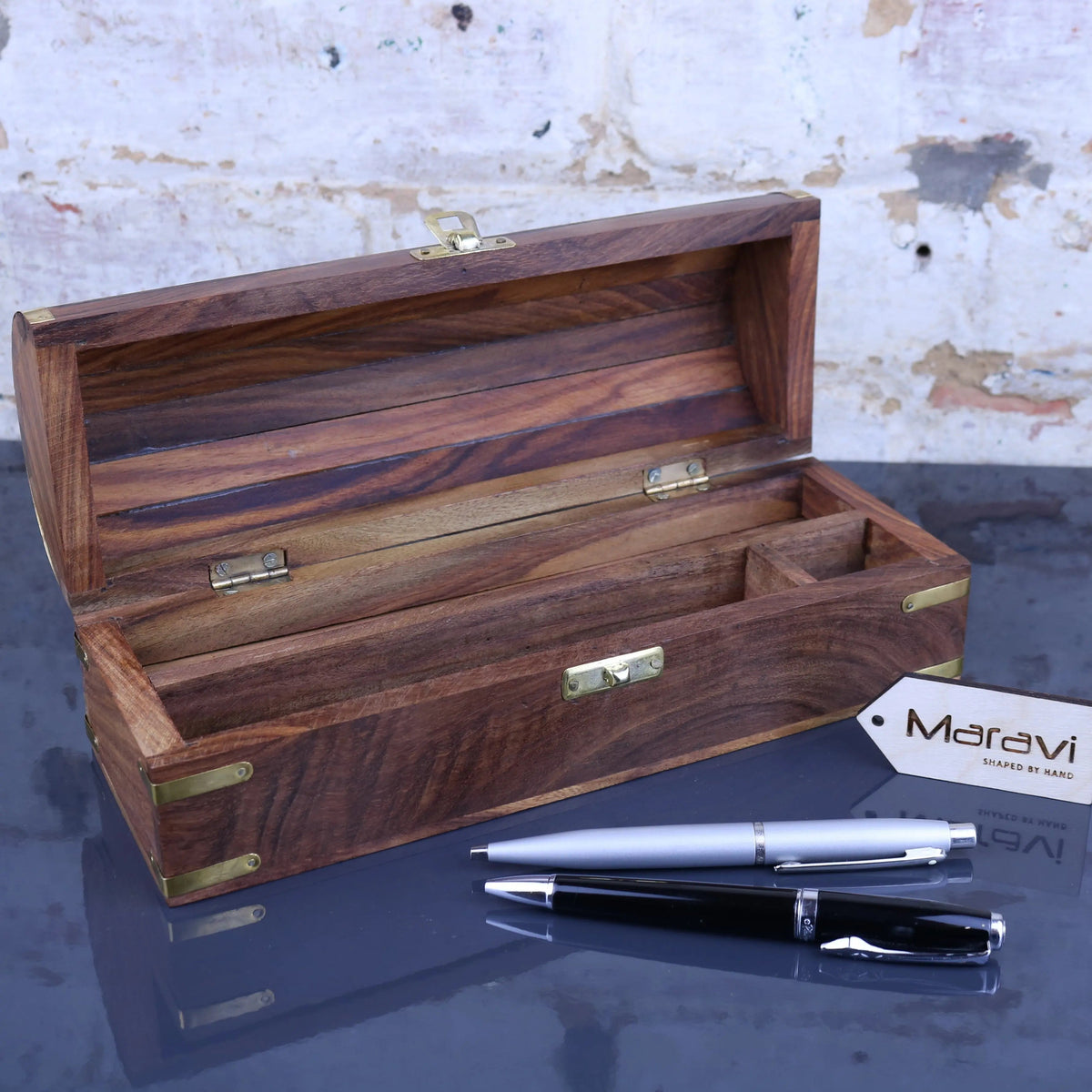 Dala Sheesham Wood Chest Pen Box with Brass Detail and Secret Compartment