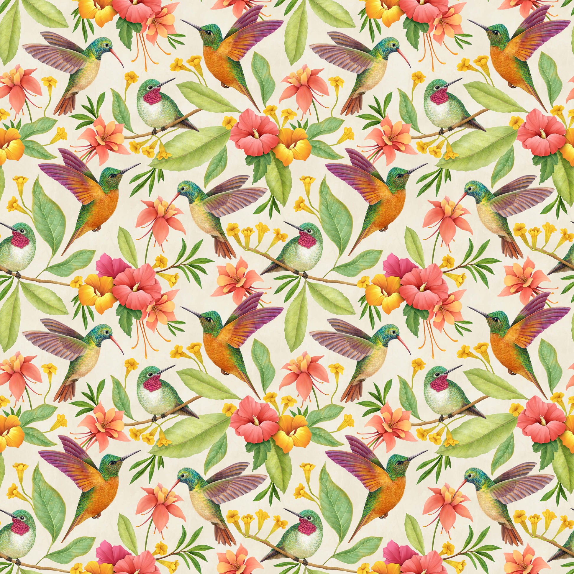 Pattern of colorful hummingbirds and flowers on a light background
