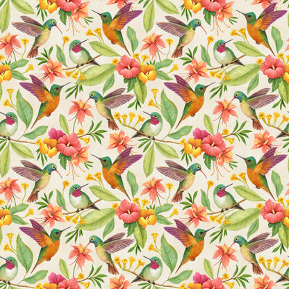 Pattern of colorful hummingbirds and flowers on a light background