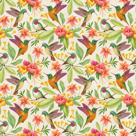 Pattern of colorful hummingbirds and flowers on a light background