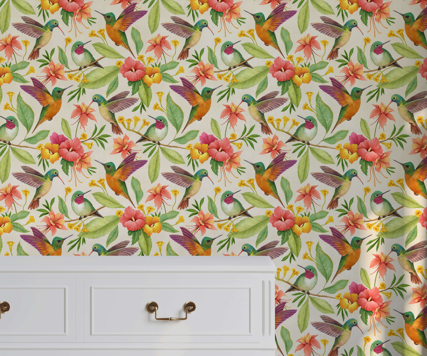 Wallpaper with colorful birds and flowers on a white cabinet.