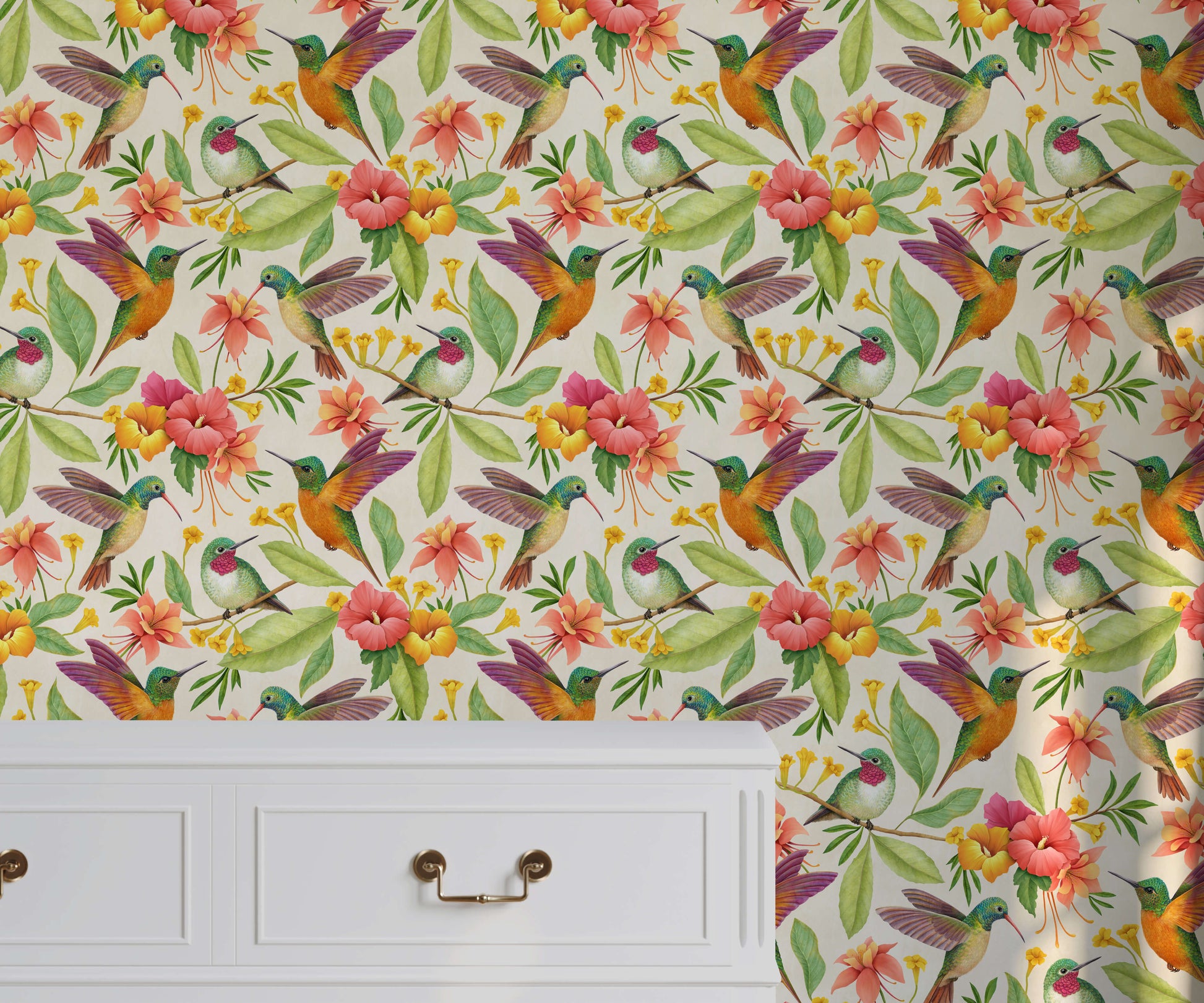 Wallpaper with colorful birds and flowers on a white cabinet.