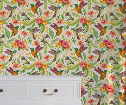Wallpaper with colorful birds and flowers on a white cabinet.