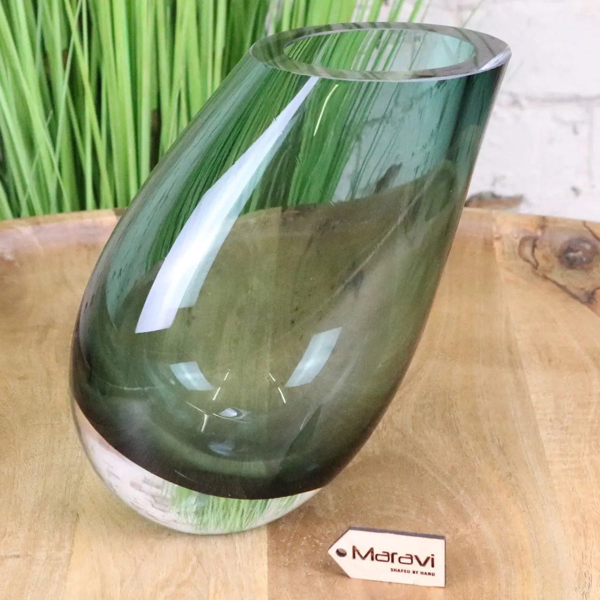 Daruni Green Glass Vase with Angled Rim