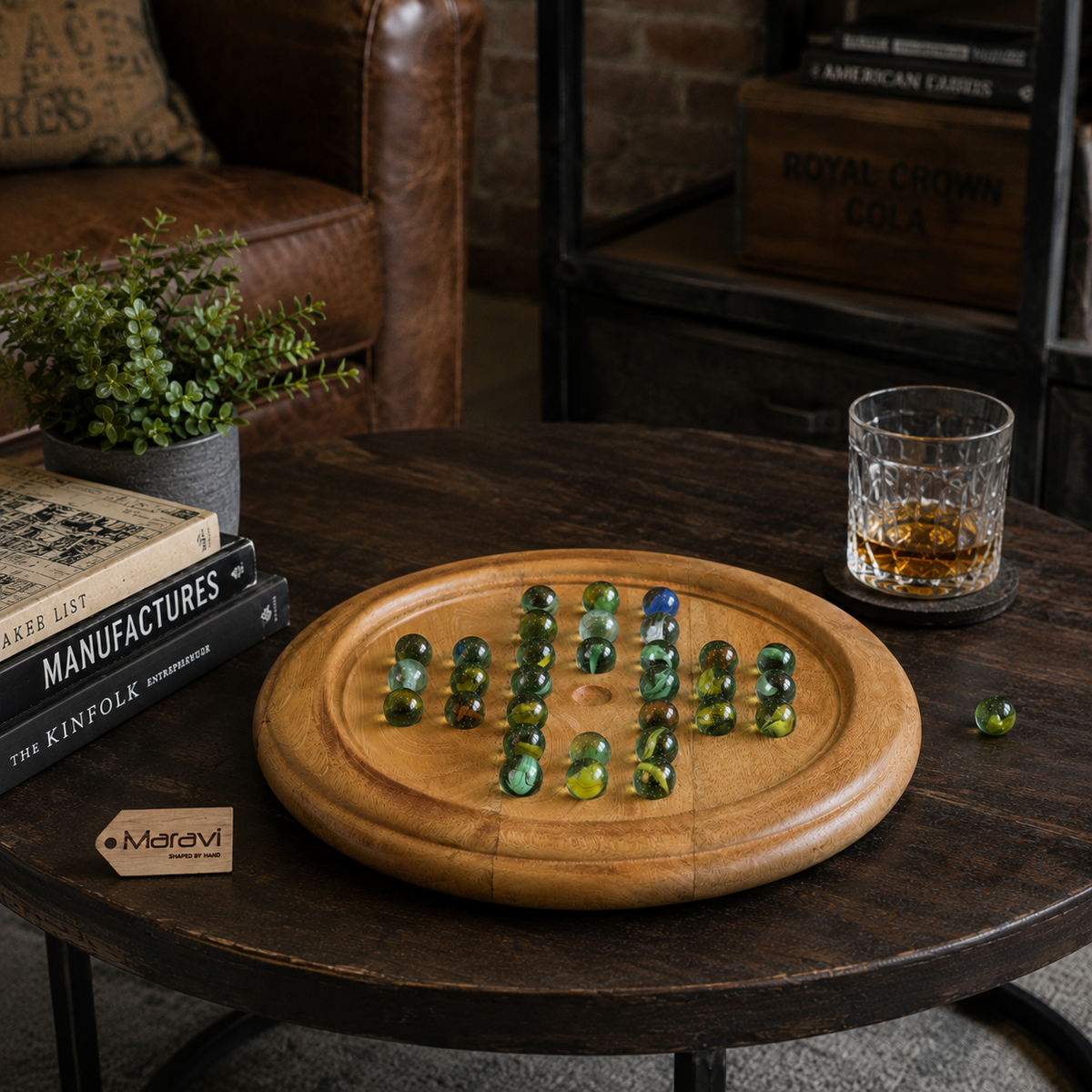Dinod Large Mango Wood Solitaire Board Game 30 cm with Glass Marbles