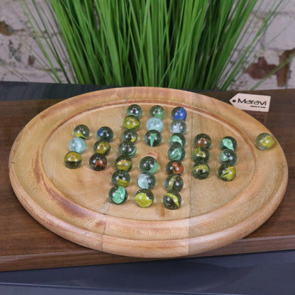 Dinod Large Mango Wood Solitaire Board Game 30 cm with Glass Marbles