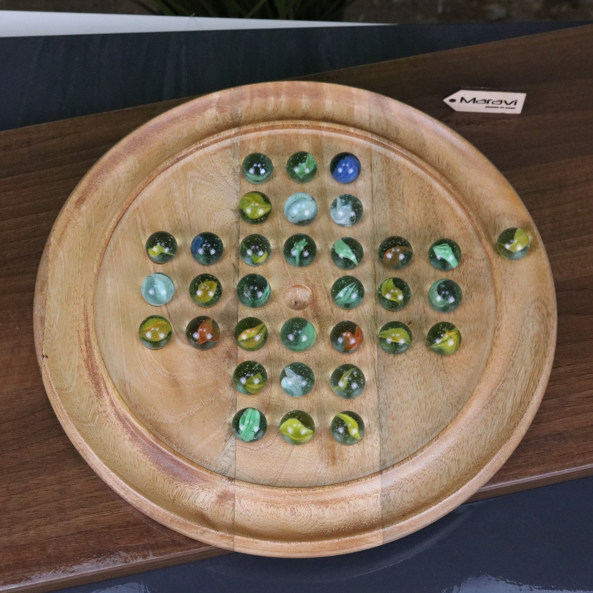 Dinod Large Mango Wood Solitaire Board Game 30 cm with Glass Marbles