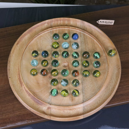 Dinod Large Mango Wood Solitaire Board Game 30 cm with Glass Marbles