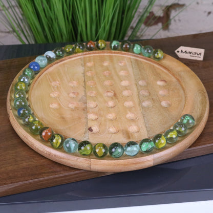 Dinod Large Mango Wood Solitaire Board Game 30 cm with Glass Marbles