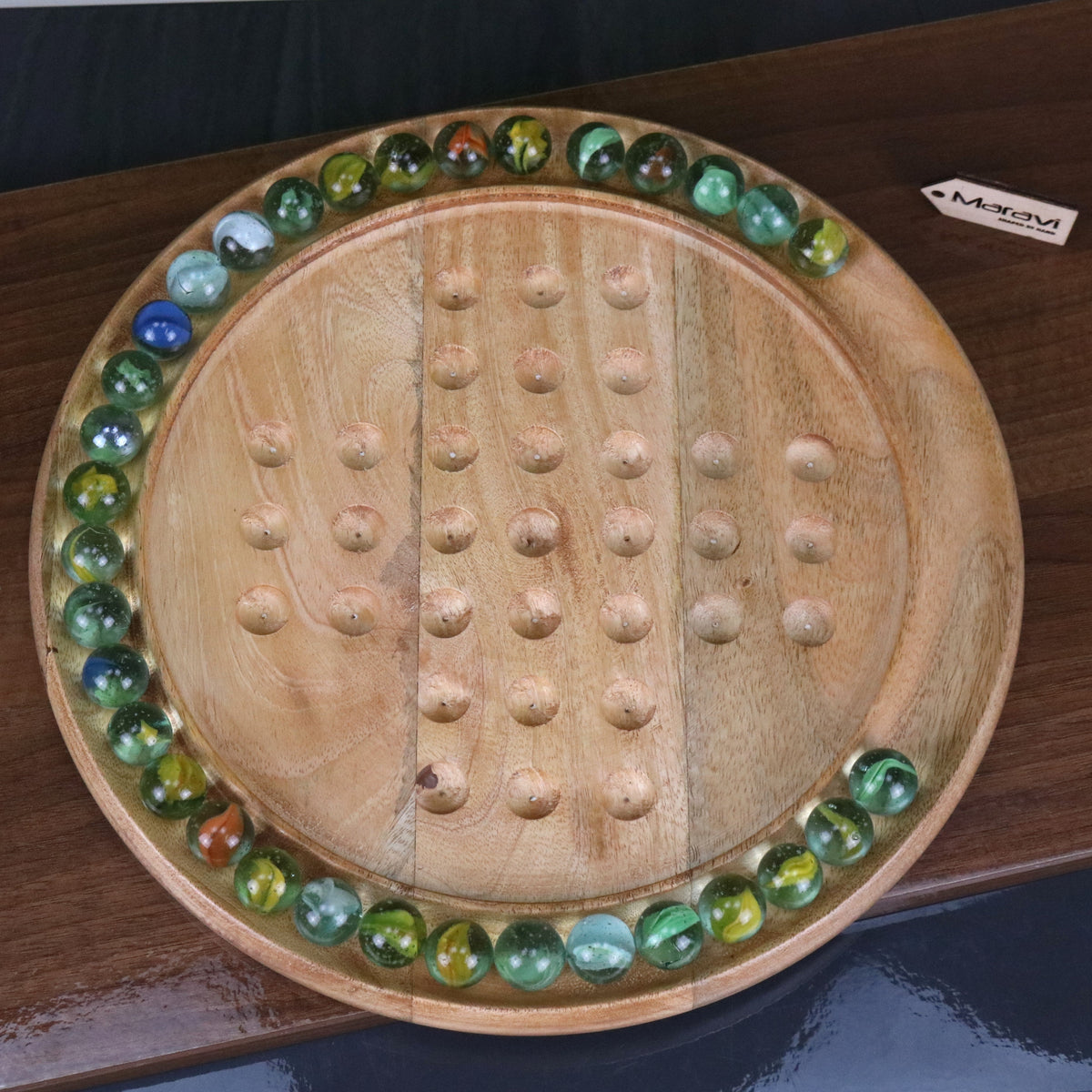 Dinod Large Mango Wood Solitaire Board Game 30 cm with Glass Marbles