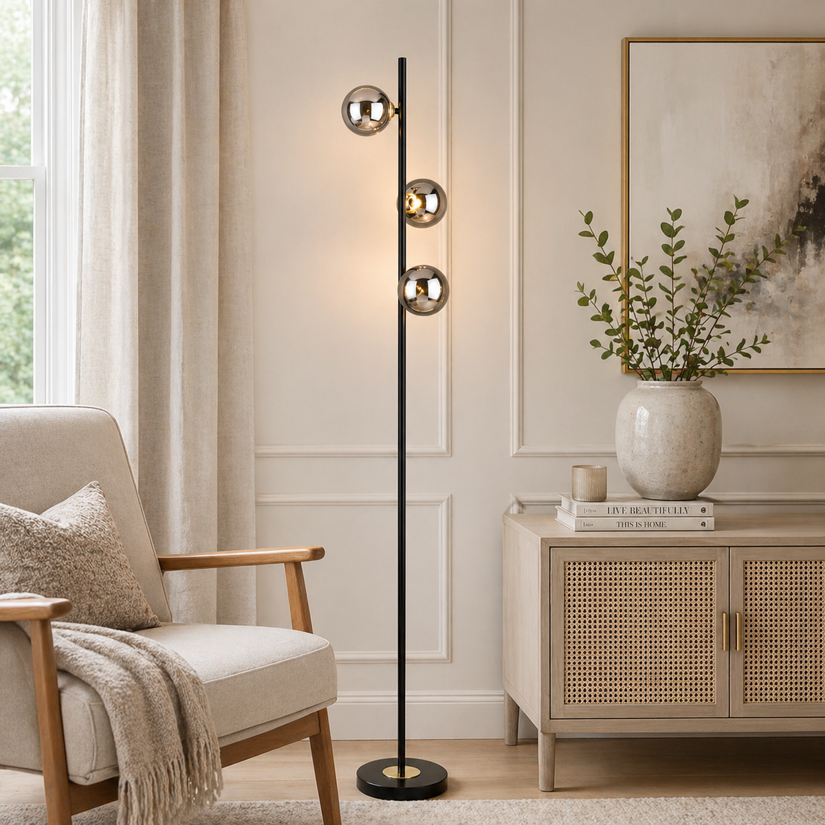 Pagazzi Eaen 3 Light Floor Lamp Black and Gold with Smoked Glass 157 cm