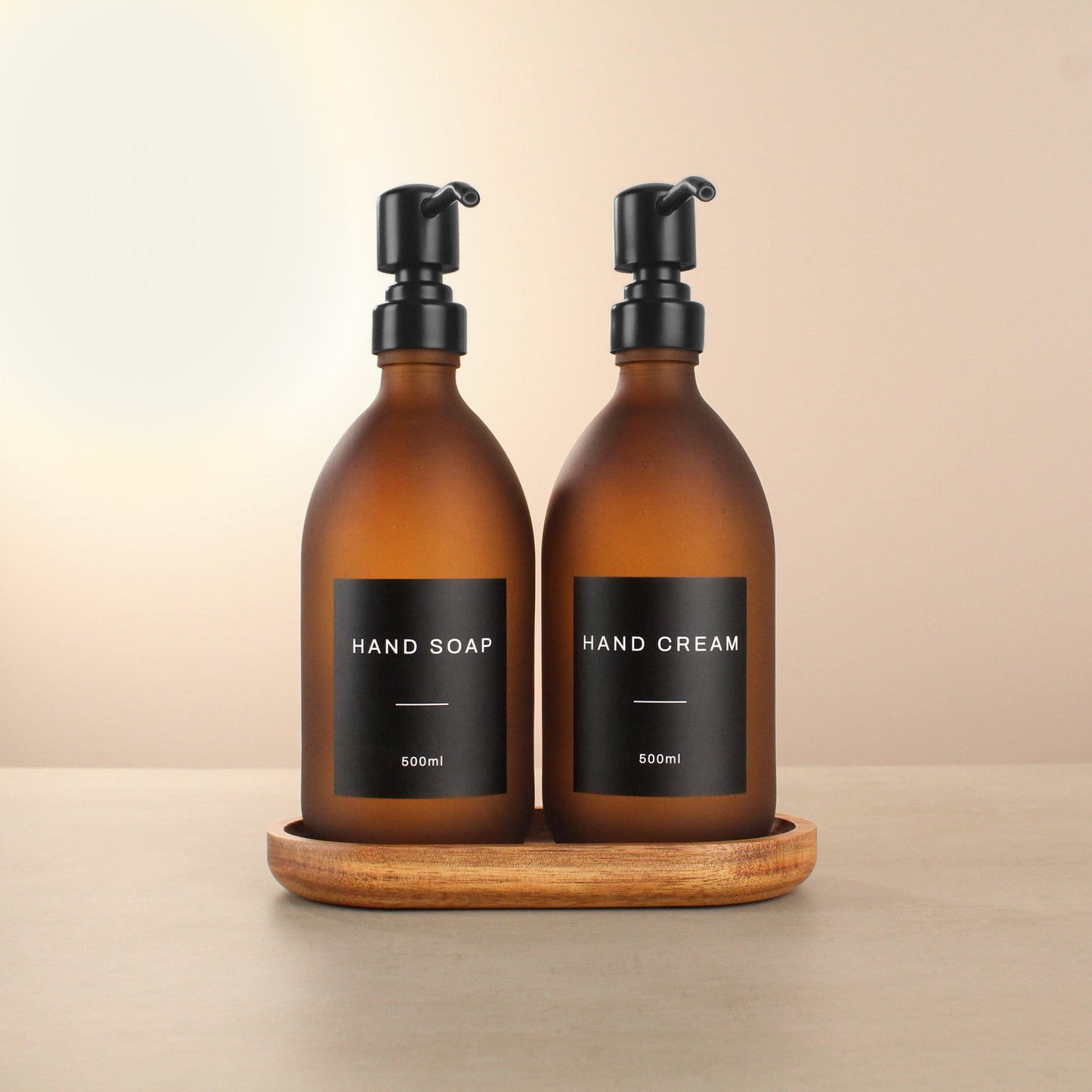 Namie Frosted Amber Glass Soap Dispenser Double Set with Acacia Wood Tray