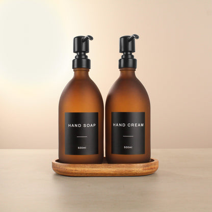 Namie Frosted Amber Glass Soap Dispenser Double Set with Acacia Wood Tray