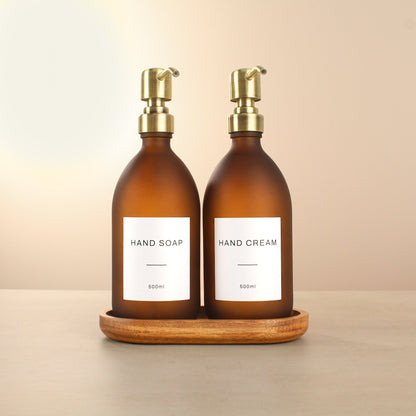 Namie Frosted Amber Glass Soap Dispenser Double Set with Acacia Wood Tray