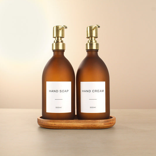 Namie Frosted Amber Glass Soap Dispenser Double Set with Acacia Wood Tray