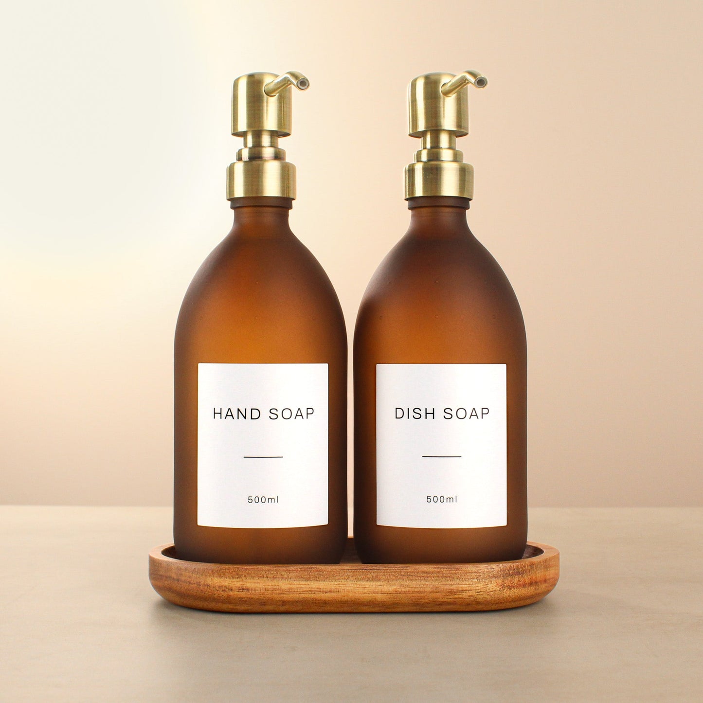 Namie Frosted Amber Glass Soap Dispenser Double Set with Acacia Wood Tray