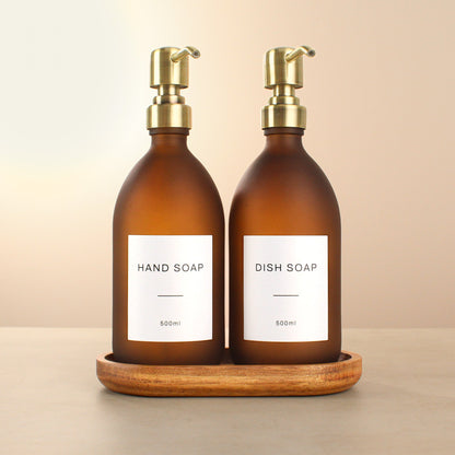 Namie Frosted Amber Glass Soap Dispenser Double Set with Acacia Wood Tray