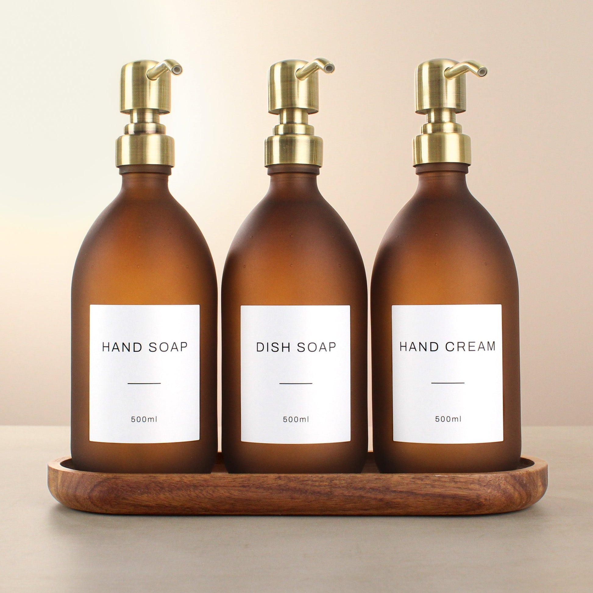 Namie Frosted Amber Glass Soap Dispenser Triple Set with Acacia Wood Tray