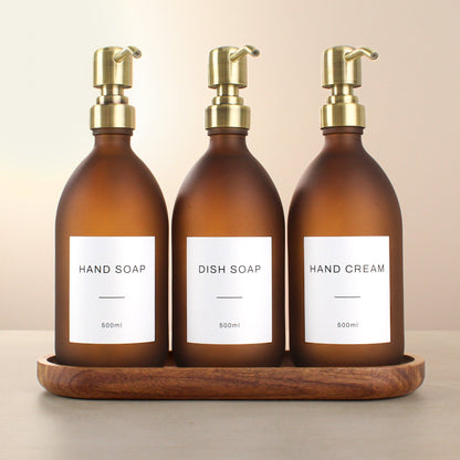 Namie Frosted Amber Glass Soap Dispenser Triple Set with Acacia Wood Tray